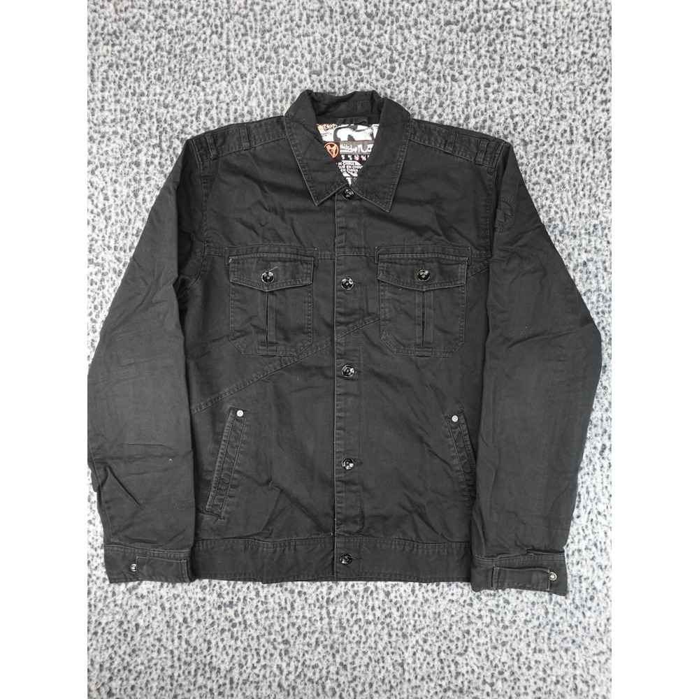 Quiksilver Jacket Mens L Black Cotton Button Up Graphic Lining Trucker 11580